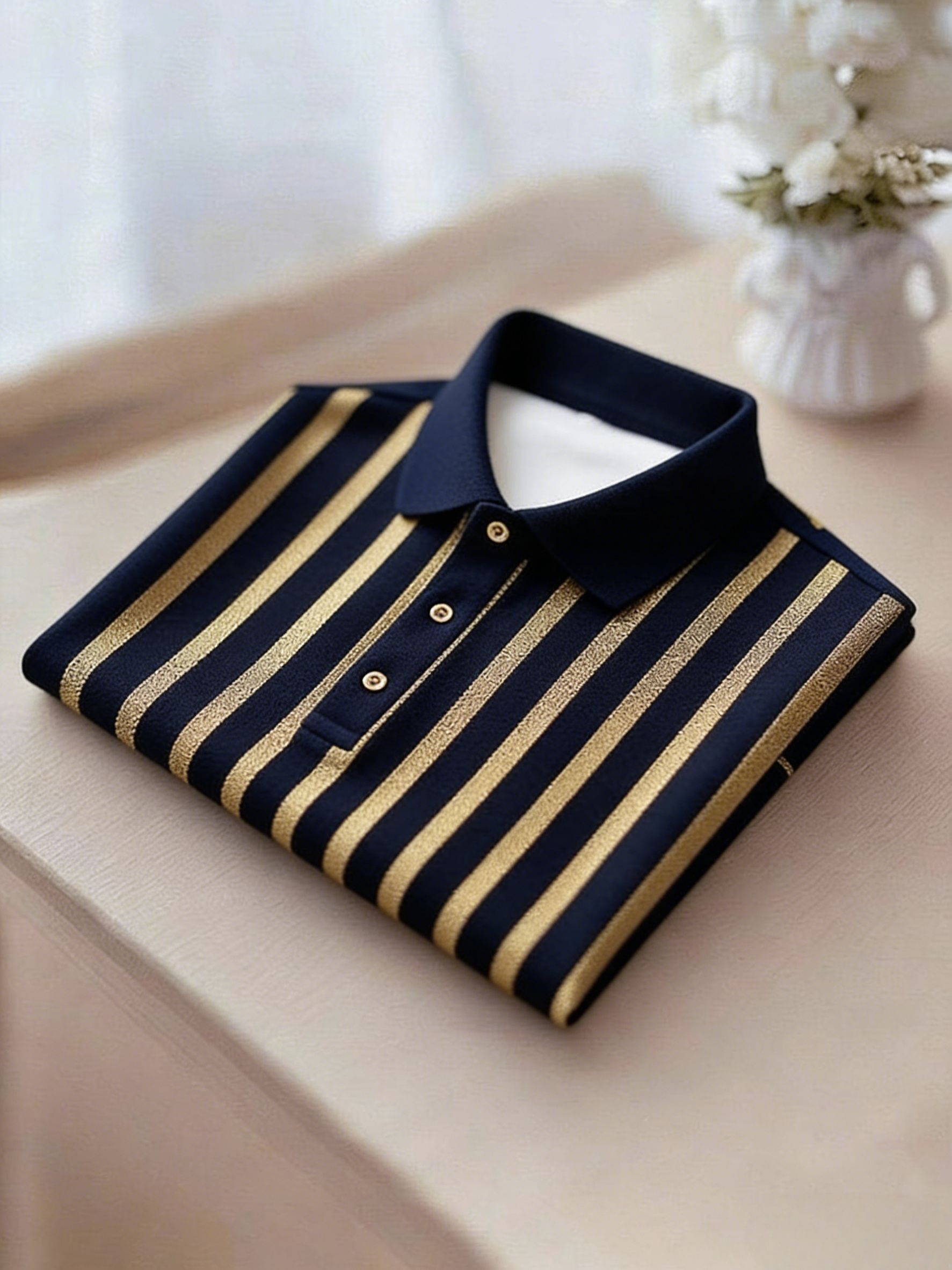 Men's Business Casual Gold and Black Stripe Button Short Sleeve Polo Shirt