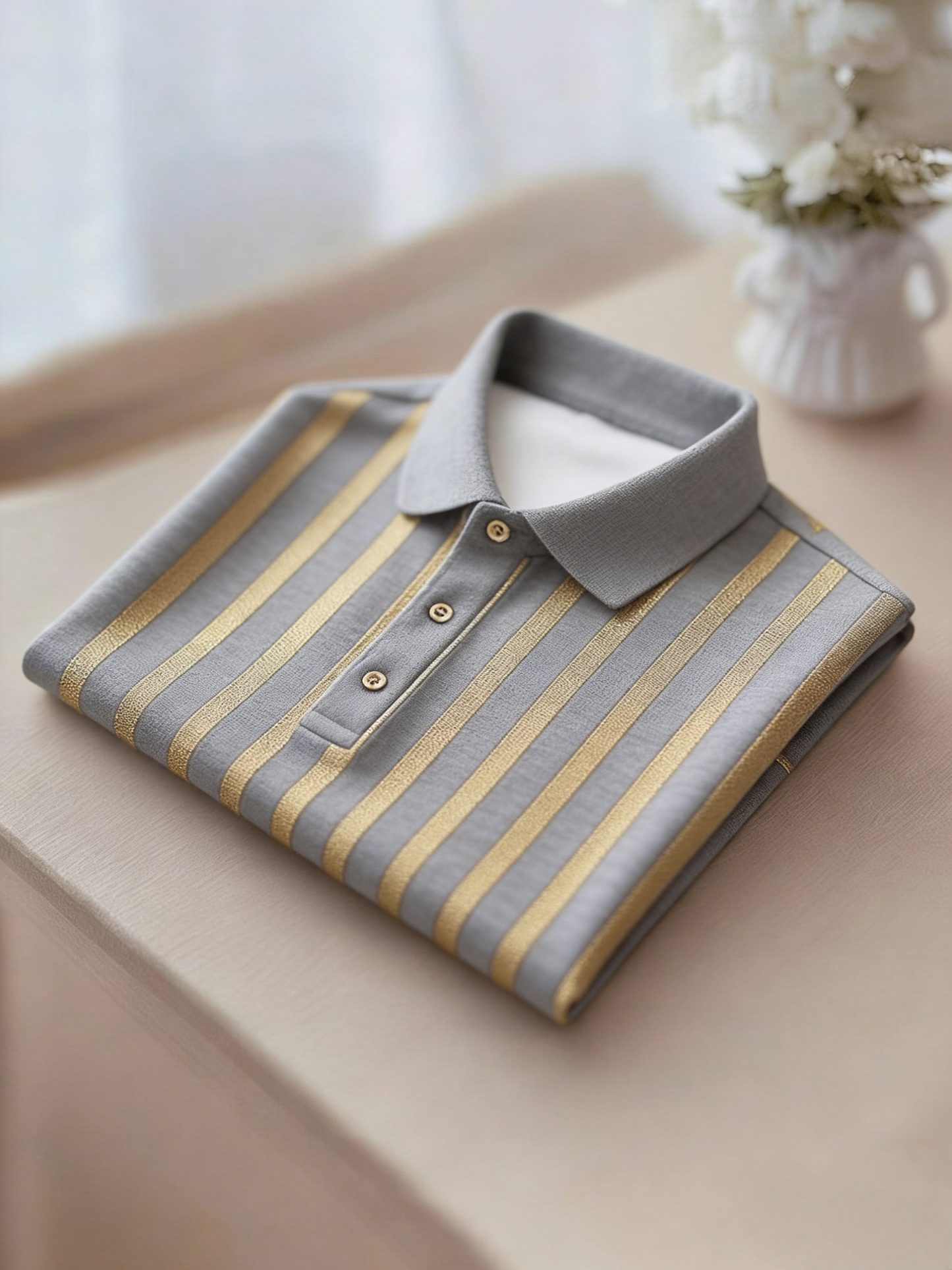 Men's Business Casual Gold and Black Stripe Button Short Sleeve Polo Shirt