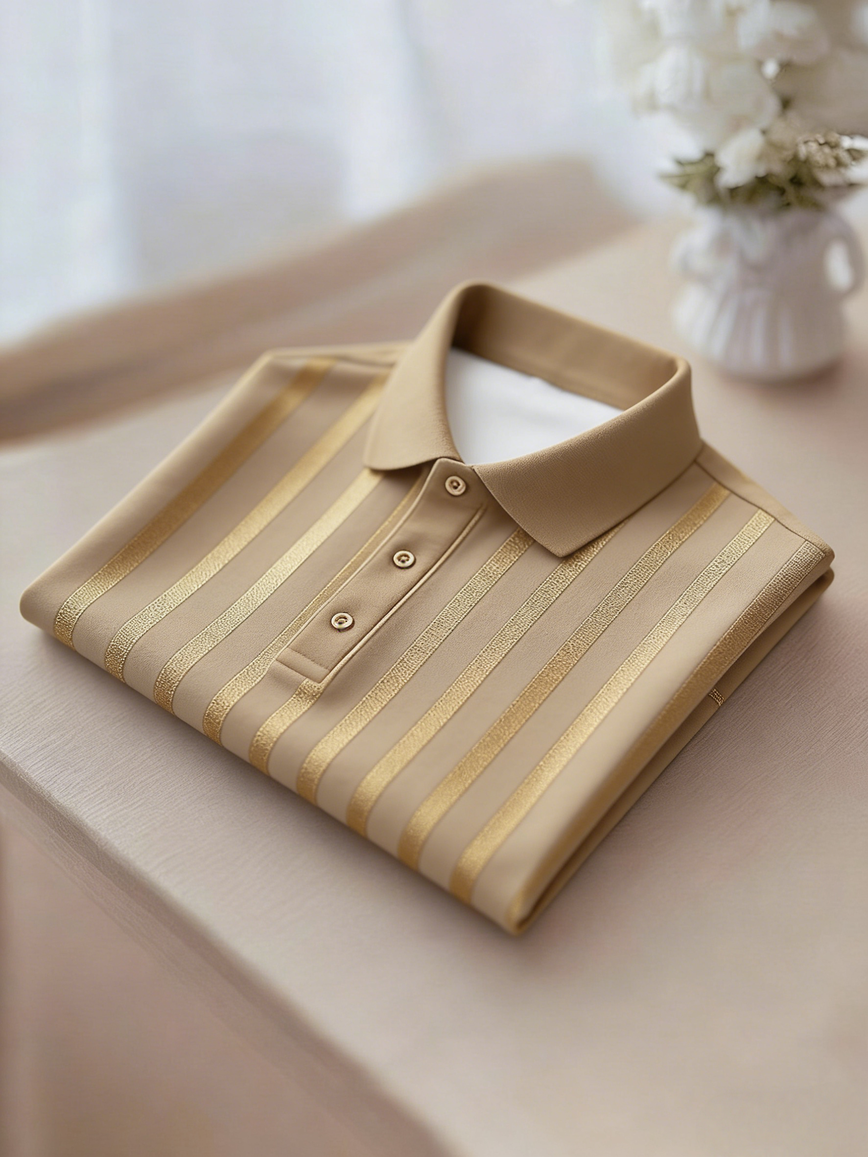 Men's Business Casual Gold and Black Stripe Button Short Sleeve Polo Shirt