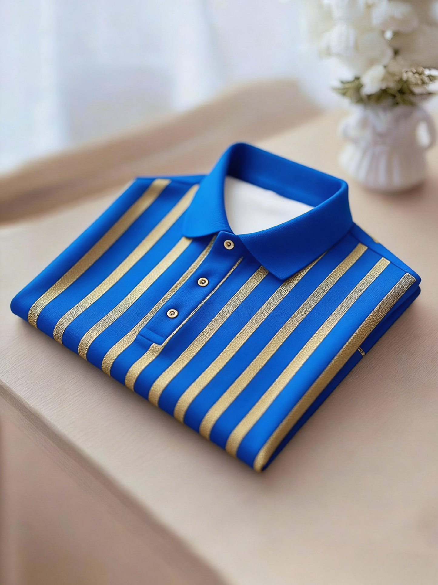 Men's Business Casual Gold and Black Stripe Button Short Sleeve Polo Shirt