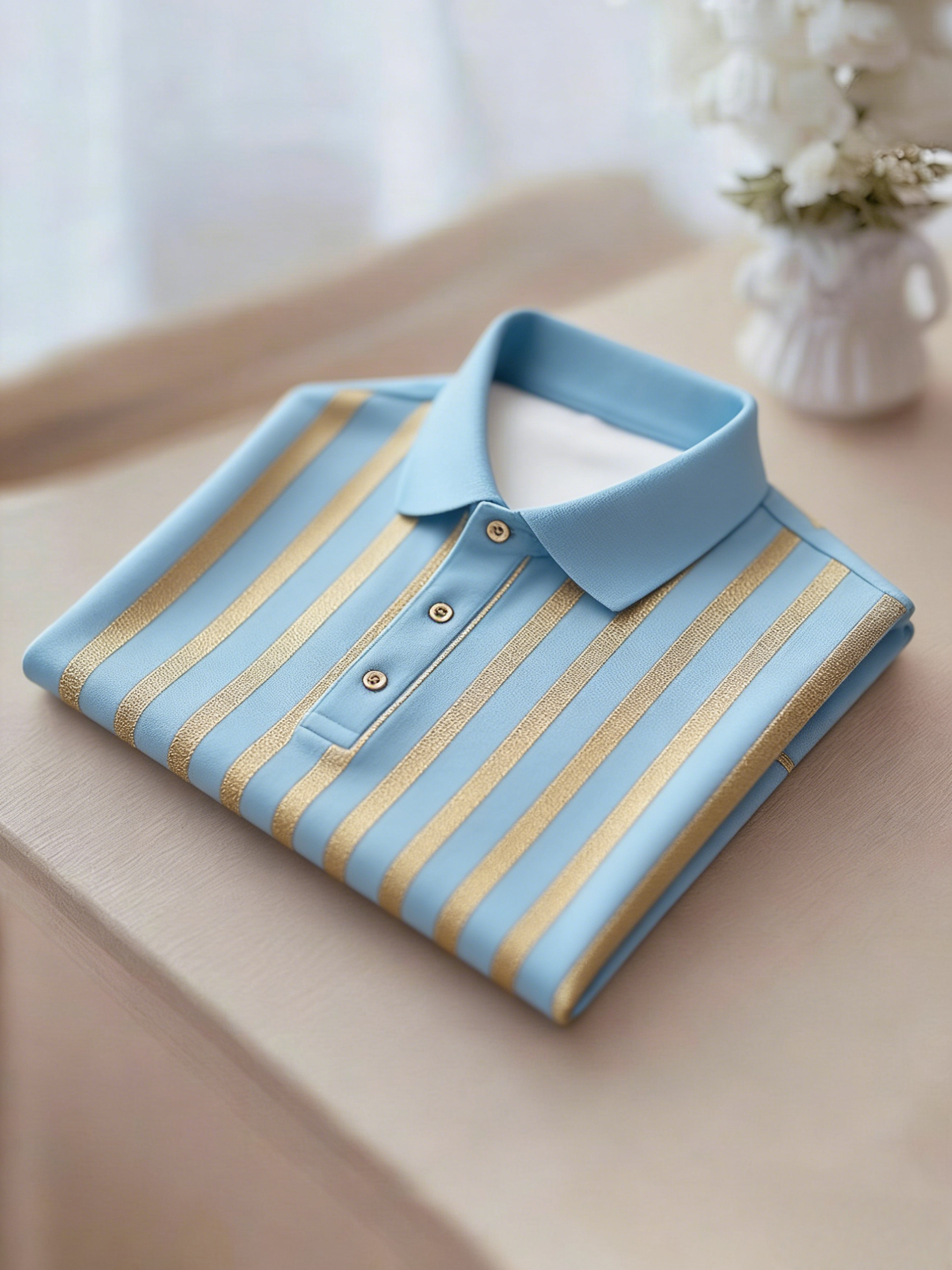 Men's Business Casual Gold and Black Stripe Button Short Sleeve Polo Shirt