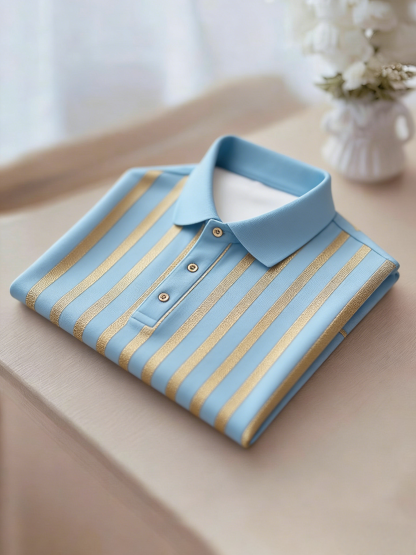 Men's Business Casual Gold and Black Stripe Button Short Sleeve Polo Shirt