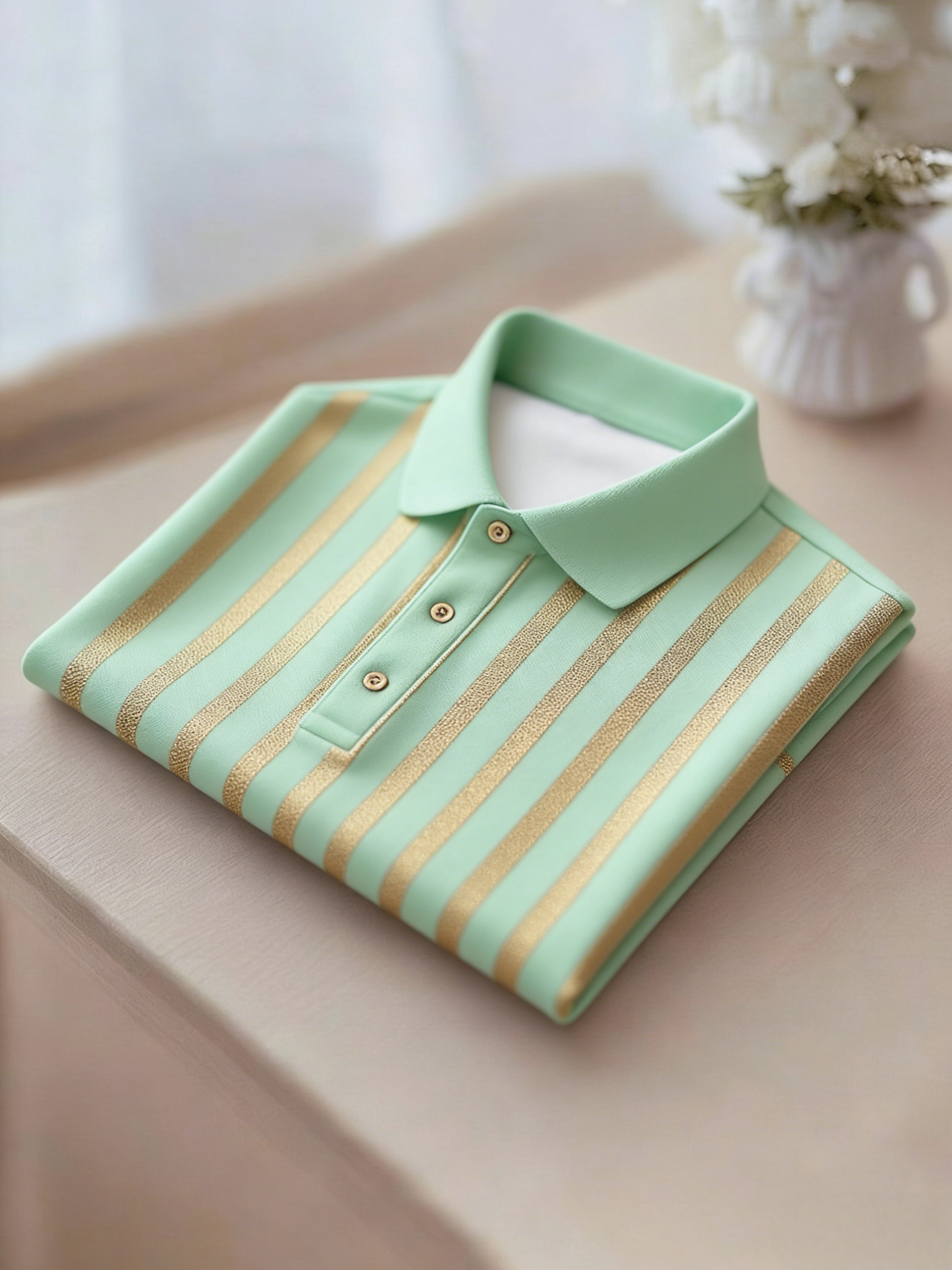 Men's Business Casual Gold and Black Stripe Button Short Sleeve Polo Shirt