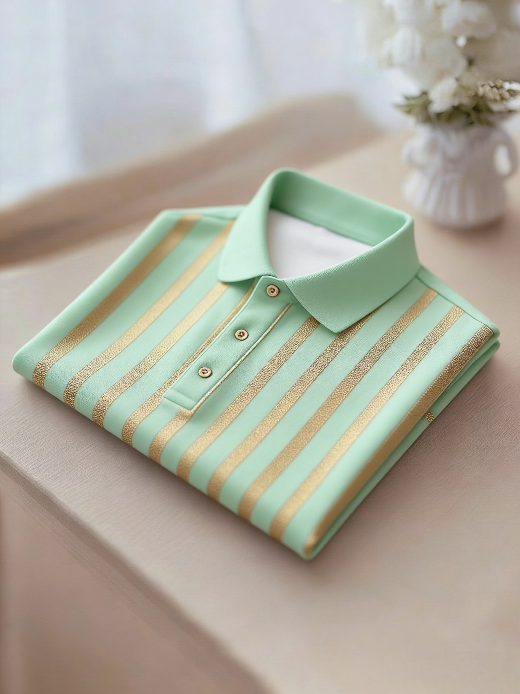 Men's Business Casual Gold and Black Stripe Button Short Sleeve Polo Shirt