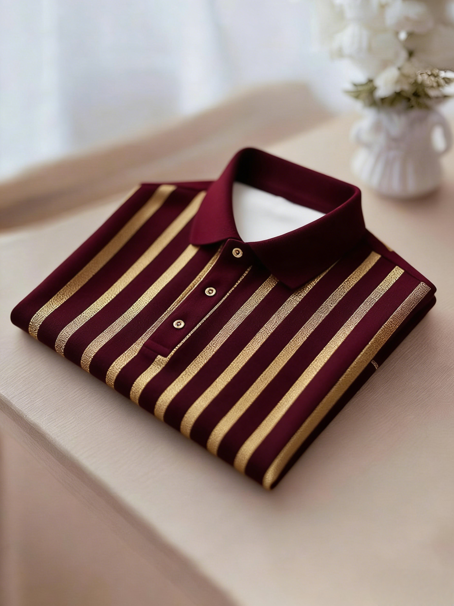 Men's Business Casual Gold and Black Stripe Button Short Sleeve Polo Shirt