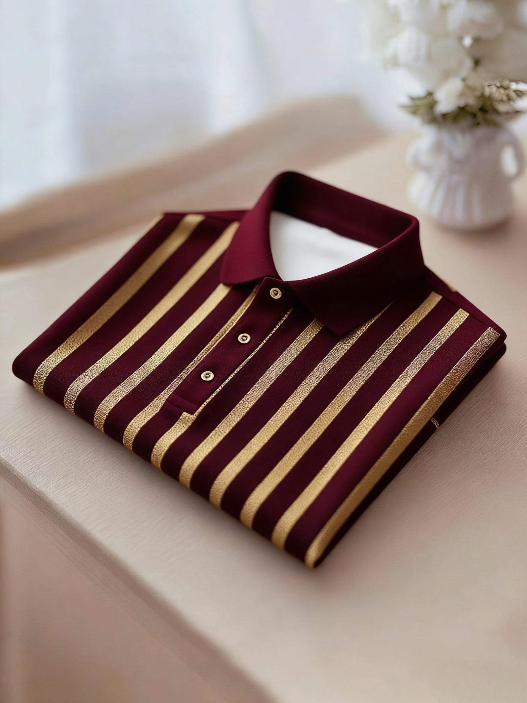 Men's Business Casual Gold and Black Stripe Button Short Sleeve Polo Shirt