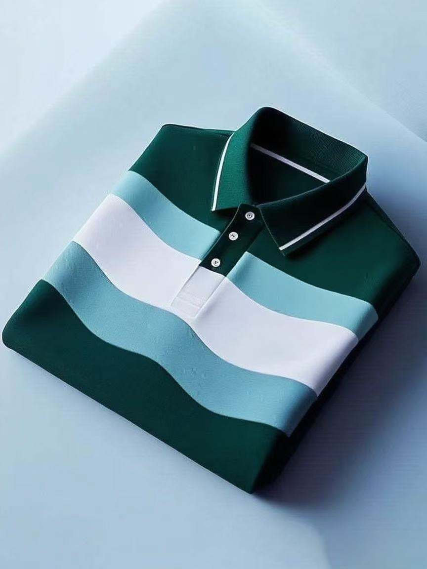 Men's Business Casual Color Block Stripe Button Short Sleeve Polo Shirt