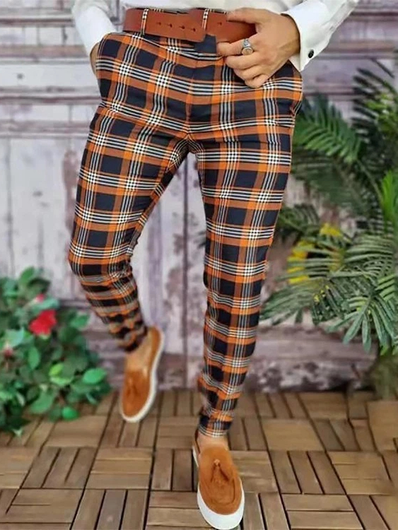 Casual Color Contrast Plaid Mid-Waist Men'S Trousers