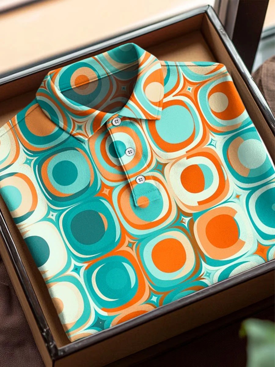 Vintage Abstract Geometric Color Blocks Art Print Casual Short Sleeve Polo