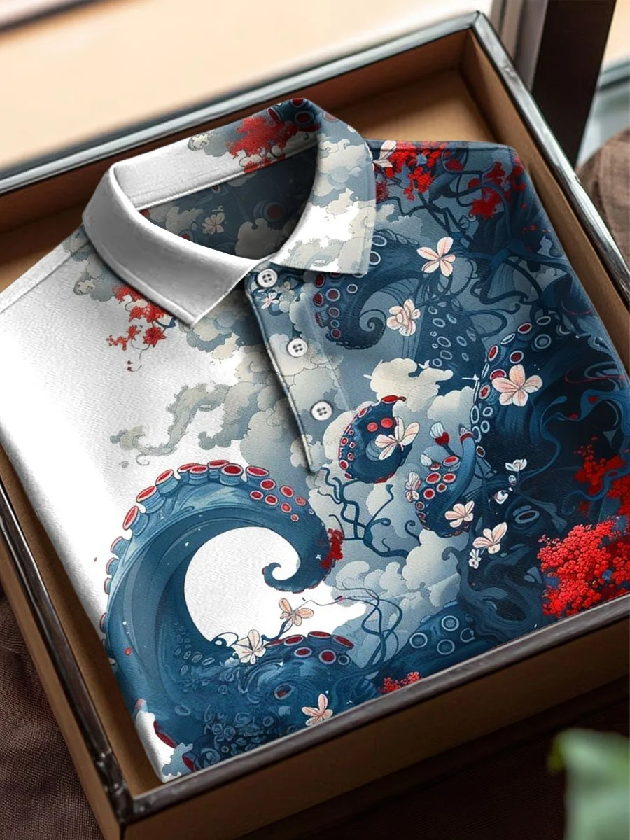 Japanese Traditional Octopus Art Prints Casual Short Sleeve Polo