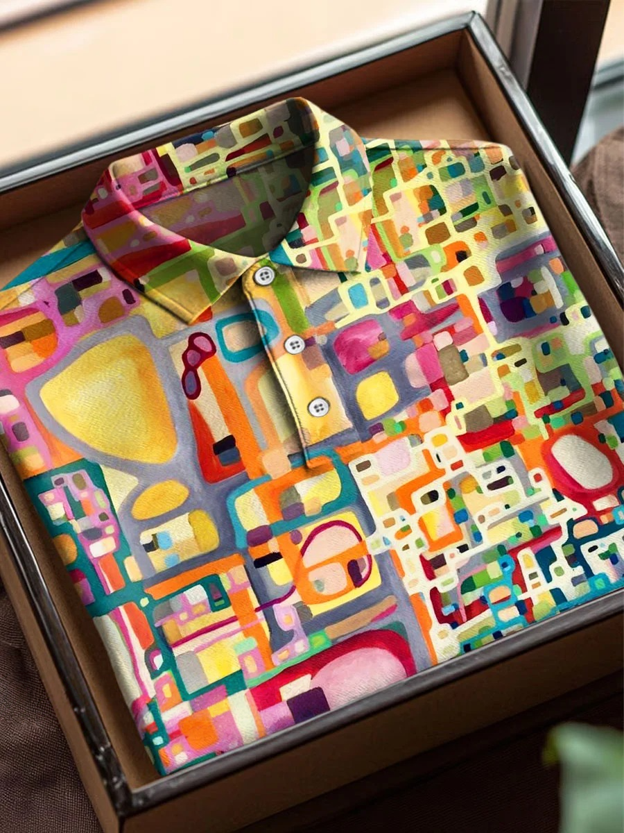 Retro Colorful Abstract Art Print Casual Short Sleeve Polo