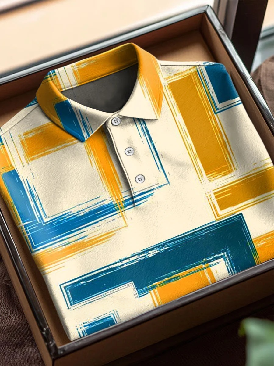 Fashion Color Block Geometric Art Print Casual Short Sleeve Polo