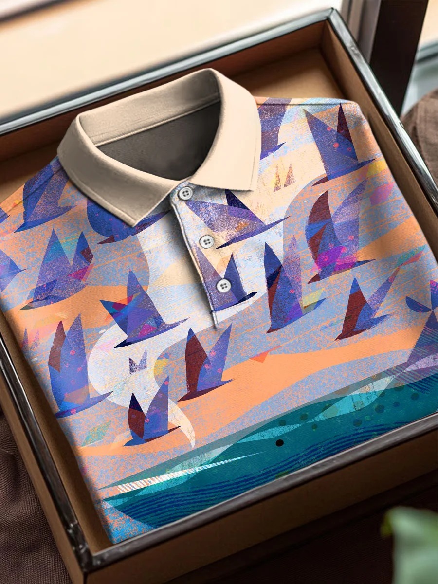 Colorful Sea Birds Art Print Casual Short Sleeve Polo