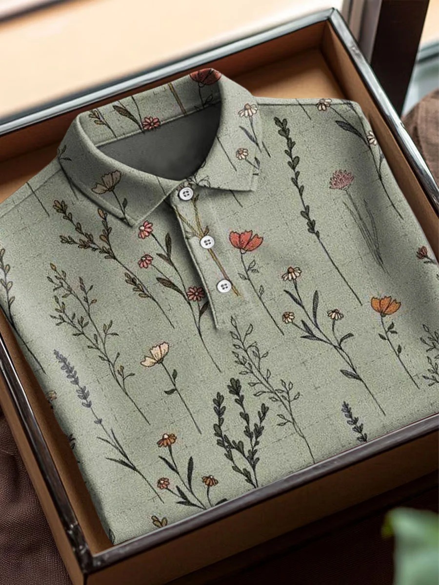 Vintage Floral Art Print Casual Short Sleeve Polo