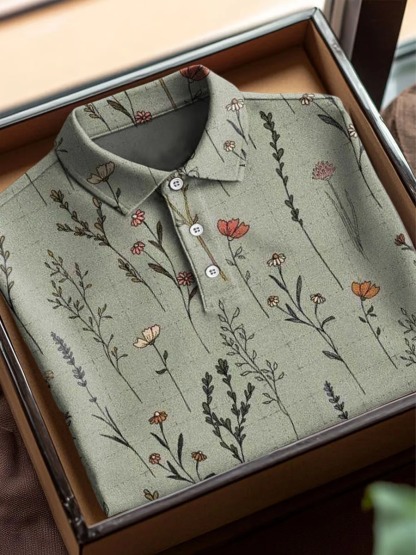 Vintage Floral Art Print Casual Short Sleeve Polo