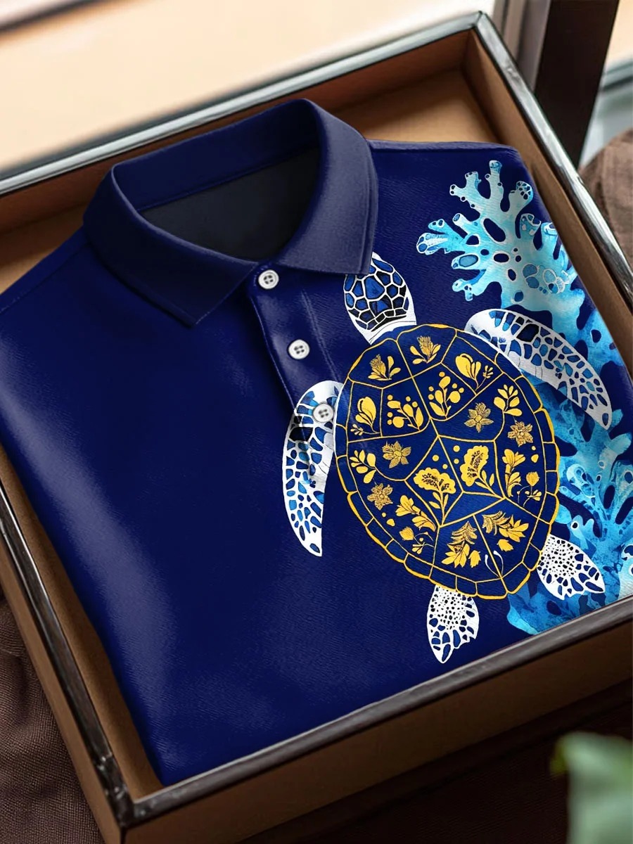 Vintage Turtle Art Print Casual Short Sleeve Polo