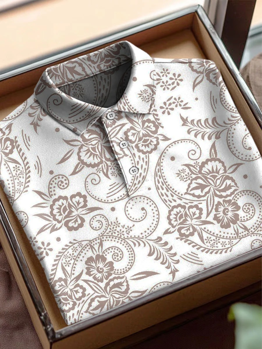 Vintage Flower Art Print Casual Short Sleeve Polo