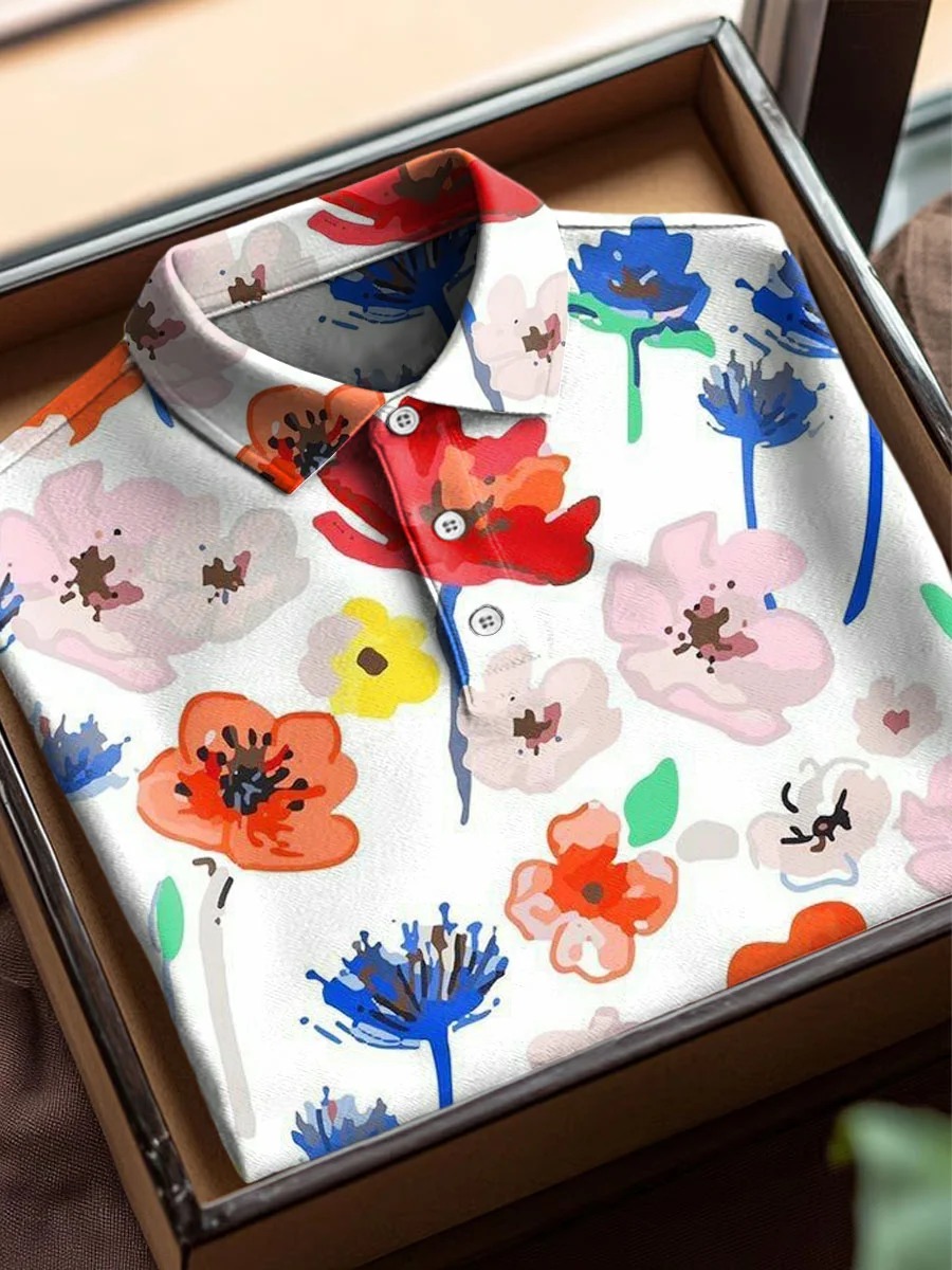 Vintage Floral Art Print Casual Short Sleeve Polo