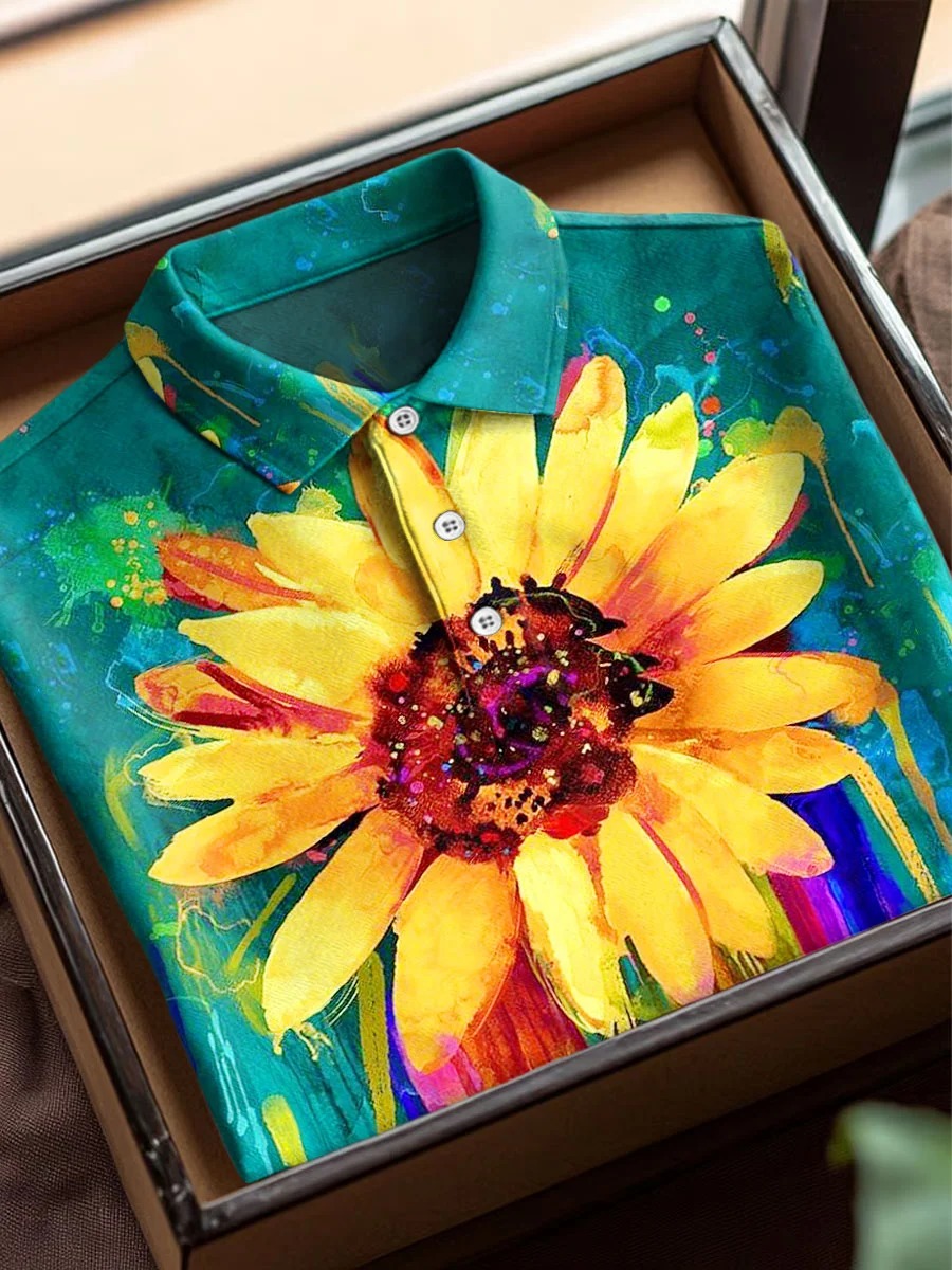 Vintage Abstract Flowers Sunflower Art Print Casual Short Sleeve Polo