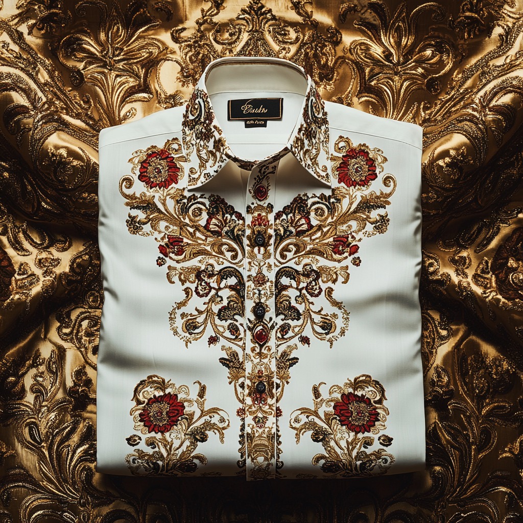 Men's Satin Luxury European Pattern Long Sleeve Button-Down Shirt