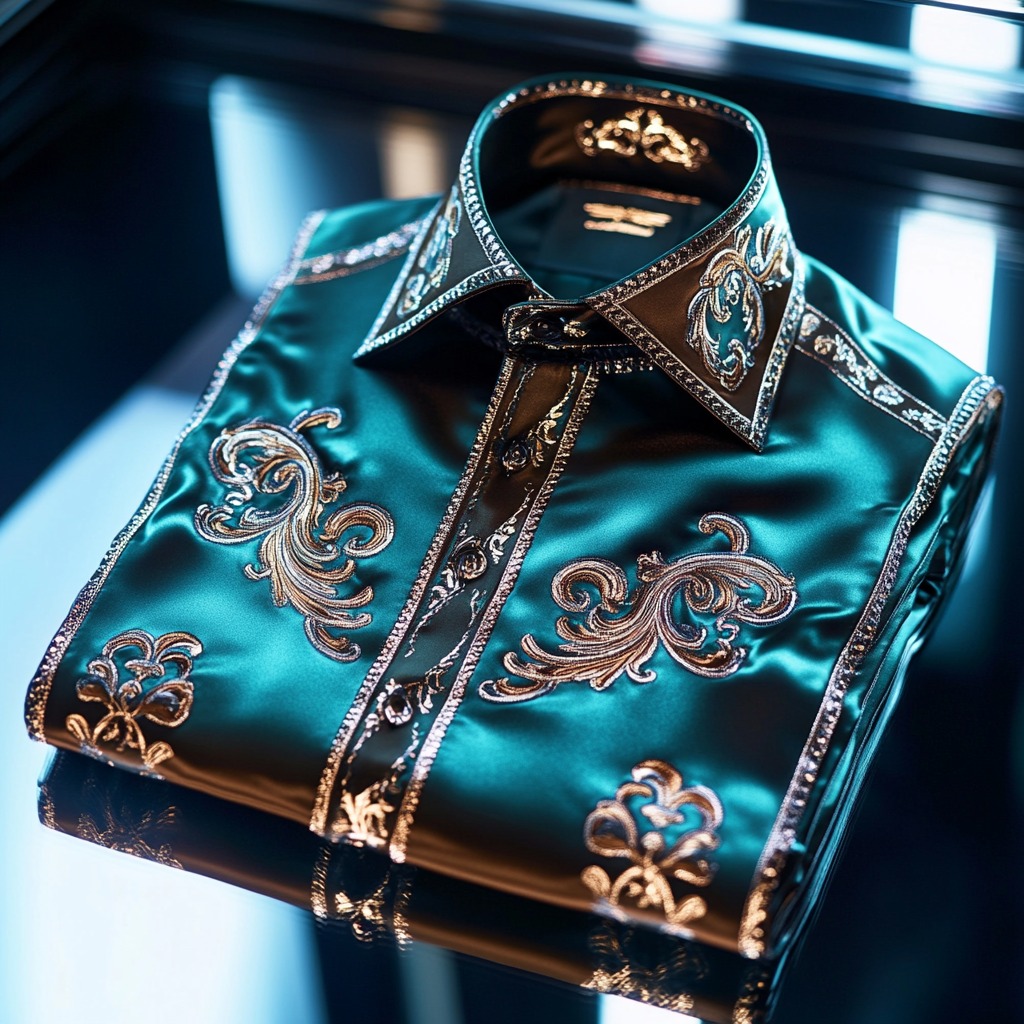 Men's Satin Luxury European Pattern Long Sleeve Button-Down Shirt