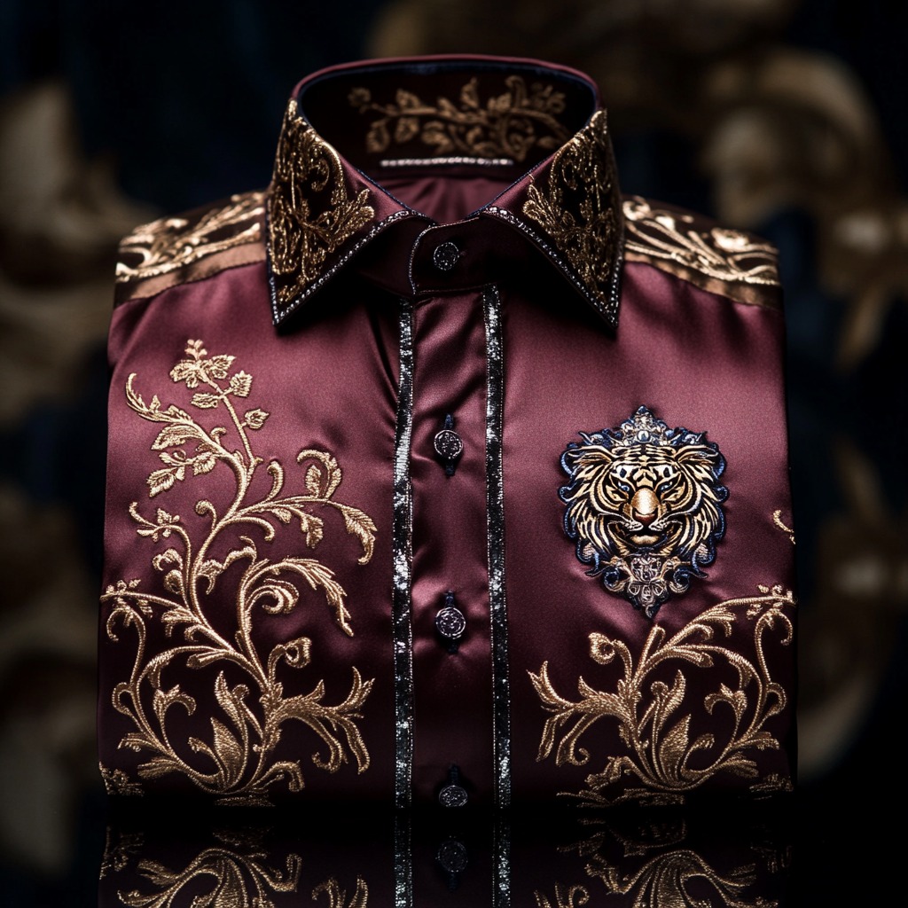 Men's Satin Luxury European Pattern Long Sleeve Button-Down Shirt