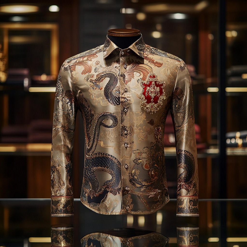 Men's Satin Luxury European Pattern Long Sleeve Button-Down Shirt