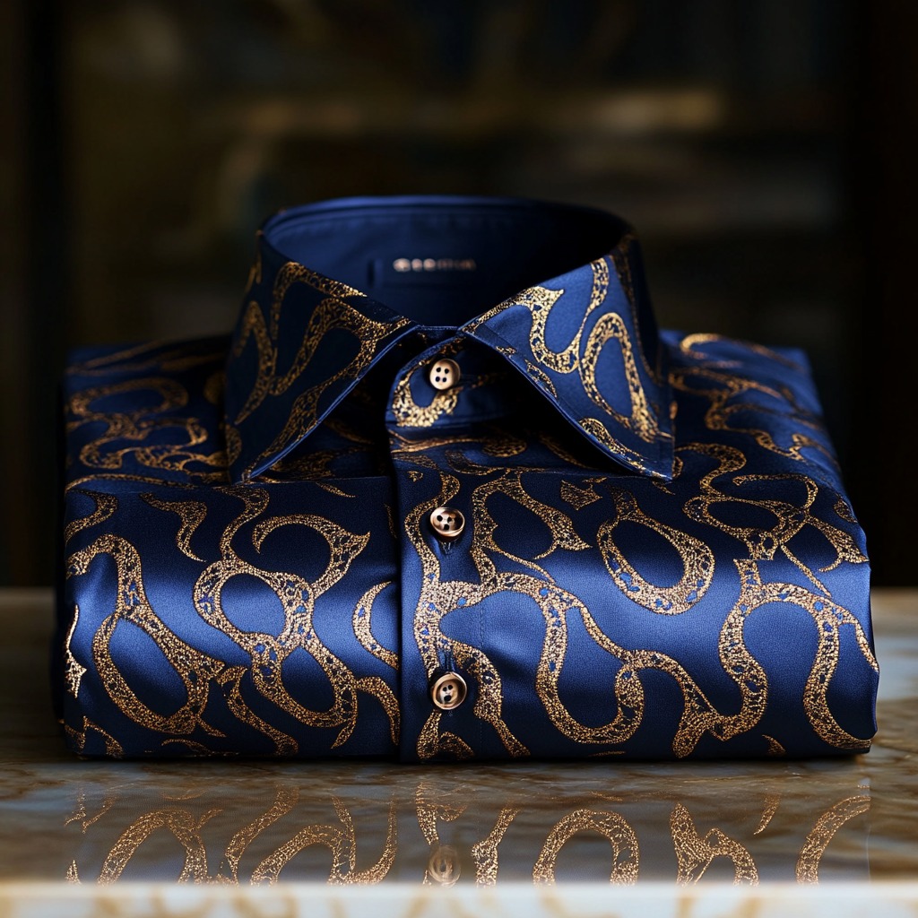 Men's Satin Luxury European Pattern Long Sleeve Button-Down Shirt