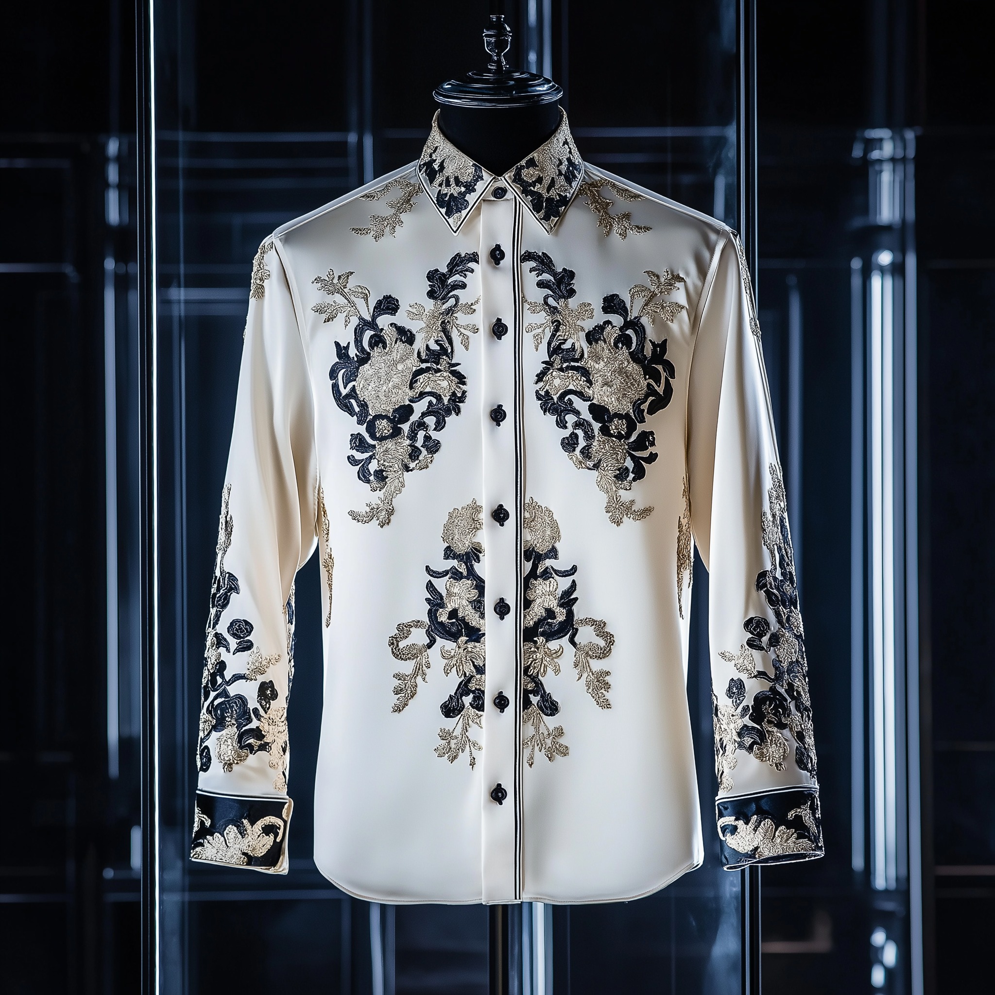 Men's Satin Luxury European Pattern Long Sleeve Button-Down Shirt