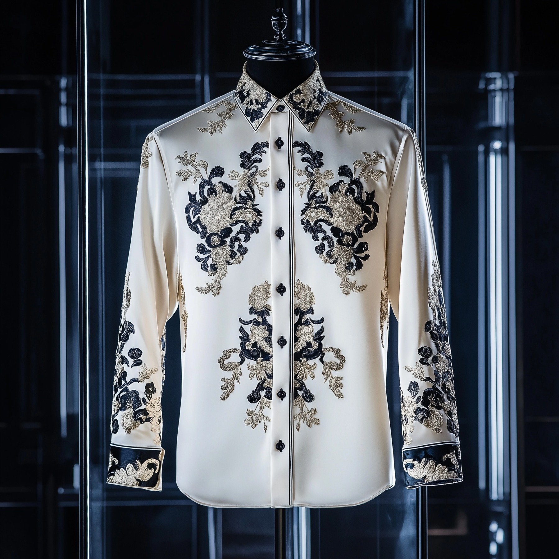 Men's Satin Luxury European Pattern Long Sleeve Button-Down Shirt