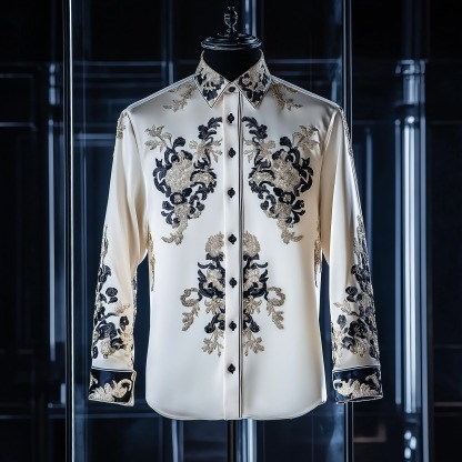 Men's Satin Luxury European Pattern Long Sleeve Button-Down Shirt