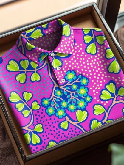 Retro Pattern Art Print Casual Cotton Short Sleeve Polo