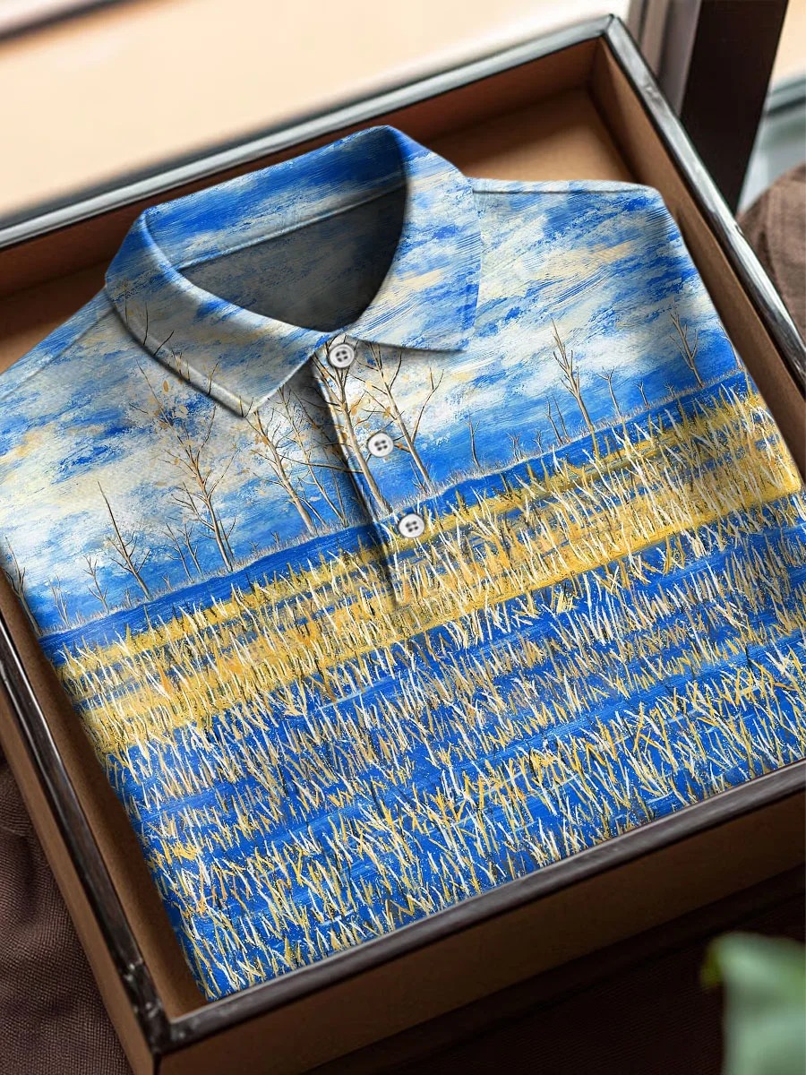 Rural Landscape Blue Sky Art Print Casual Cotton Short Sleeve Polo