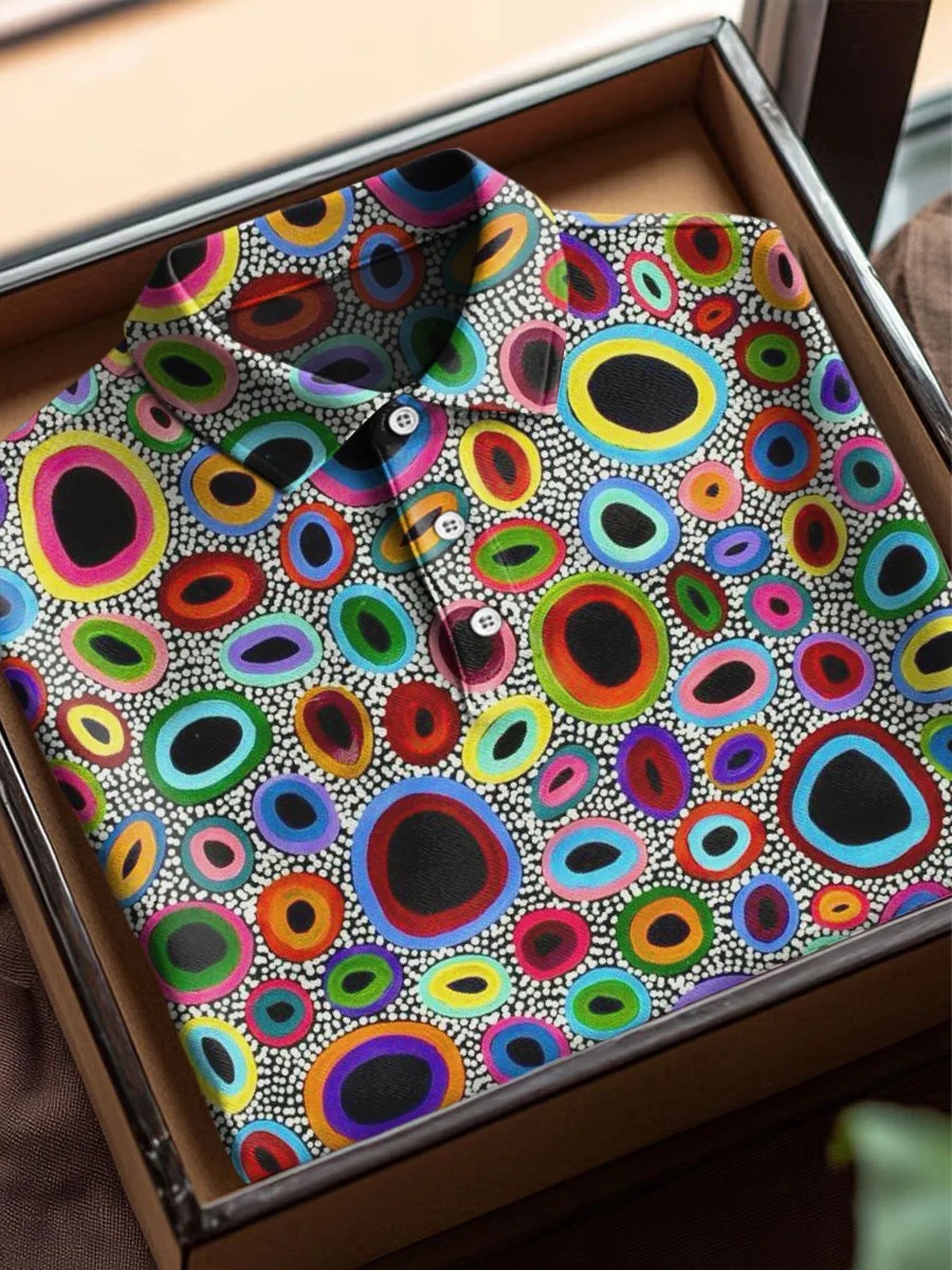 Retro Abstract Geometric Circle Art Print Casual Cotton Short Sleeve Polo
