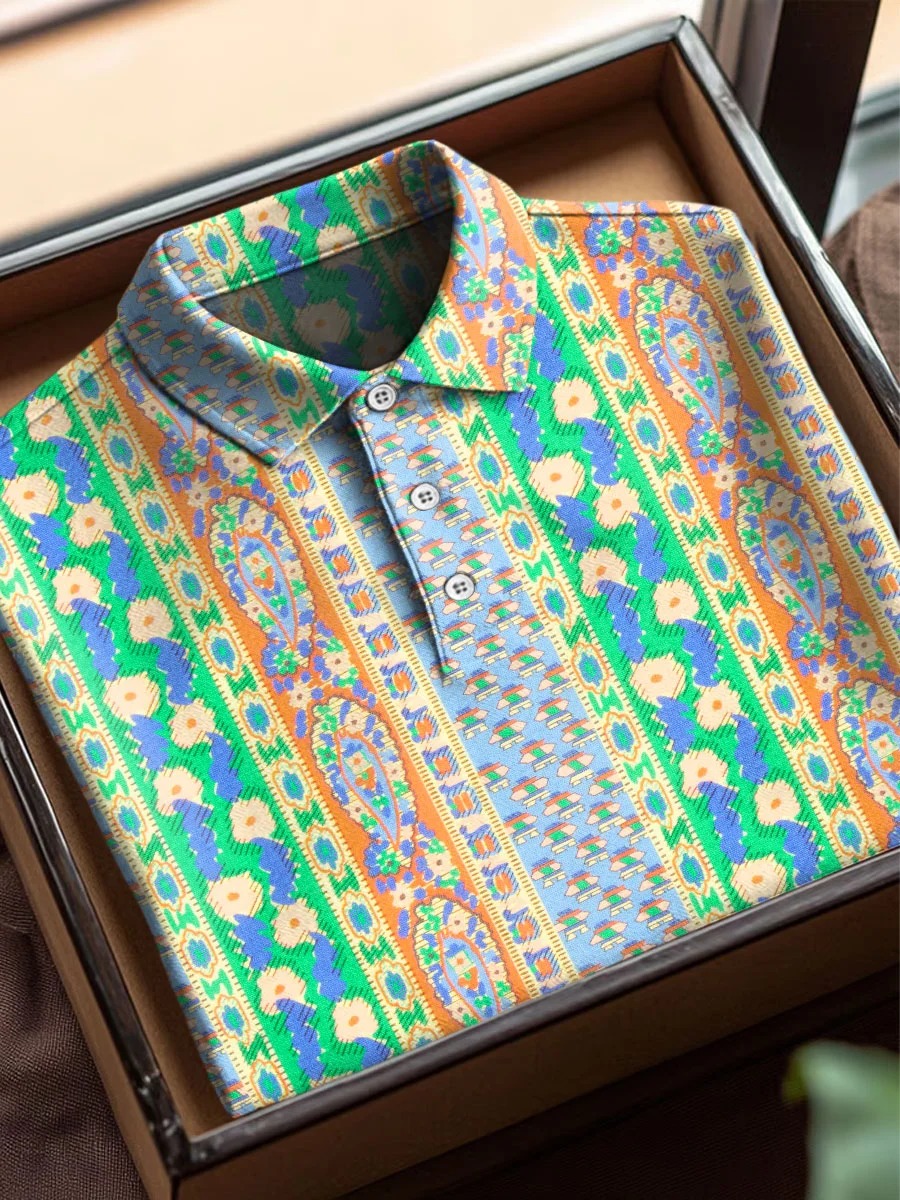 Retro Pattern Art Print Casual Cotton Short Sleeve Polo
