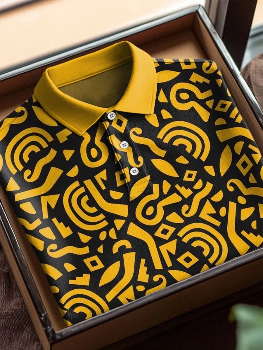 Men's Business Casual Black and Yellow Plaid Logo Button Short Sleeve 