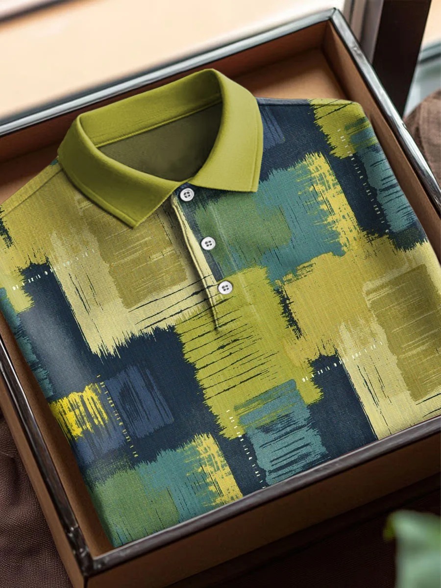 Vintage Color Block Art Print Casual Cotton Short Sleeve Polo