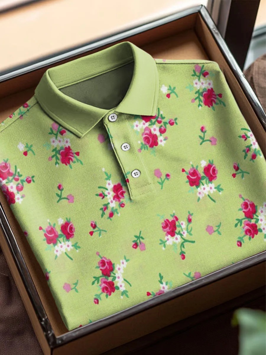 Vintage Floral Art Print Casual Cotton Short Sleeve Polo