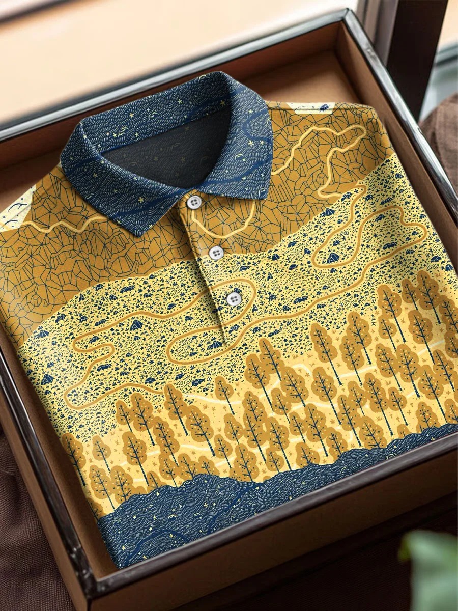 Landscape Abstract Texture Art Print Casual Cotton Short Sleeve Polo