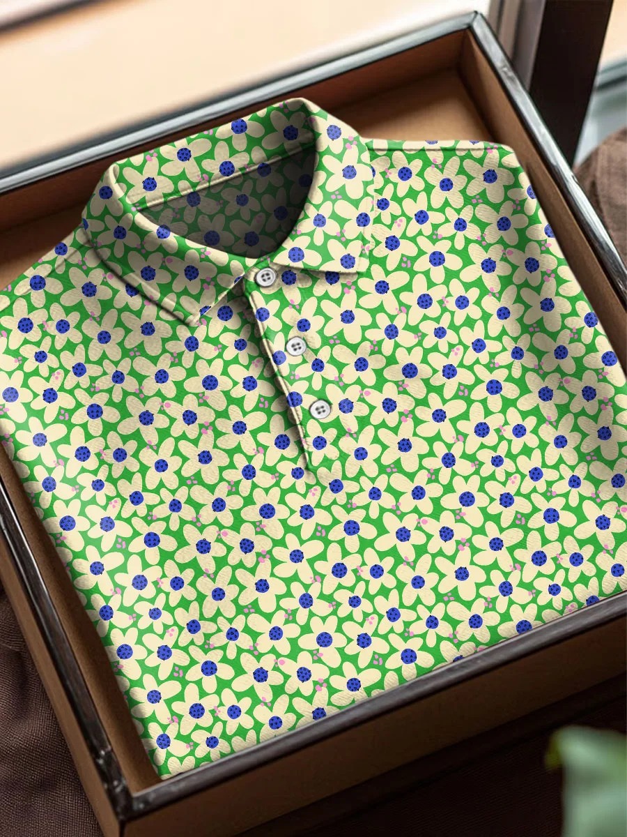 Vintage Flower Art Print Casual Cotton Short Sleeve Polo