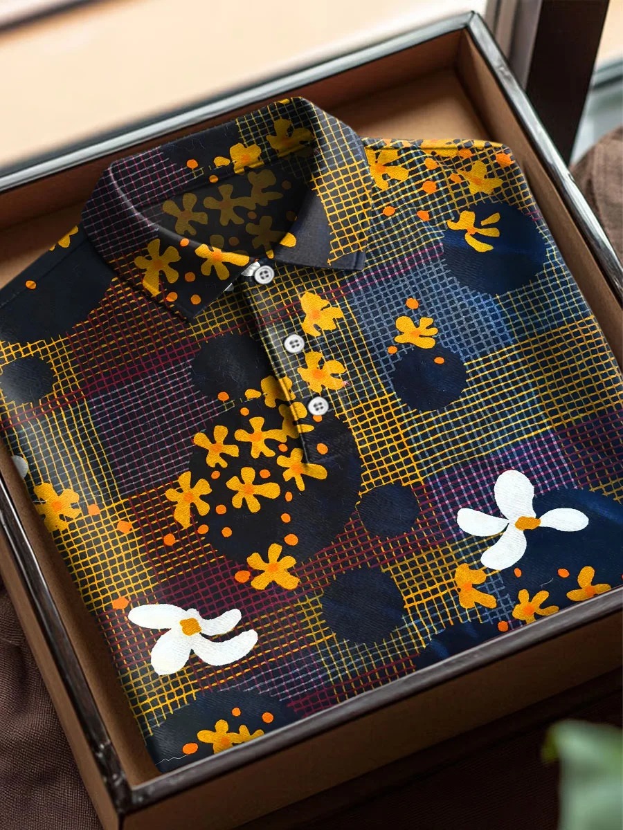 Vintage Plaid Floral Art Print Casual Cotton Short Sleeve Polo