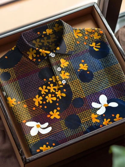 Vintage Plaid Floral Art Print Casual Cotton Short Sleeve Polo