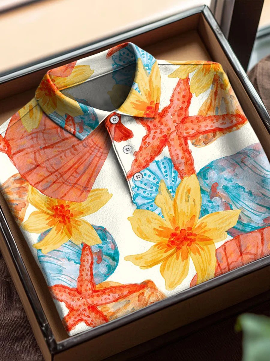 Vintage Abstract Marine Life Floral Art Print Casual Cotton Short Sleeve Polo