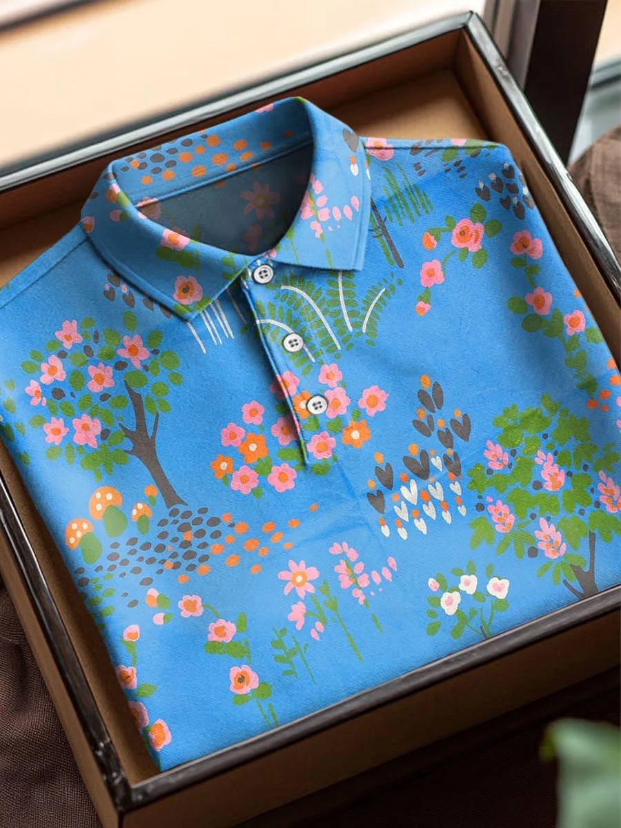 Vintage Floral Art Print Casual Cotton Short Sleeve Polo