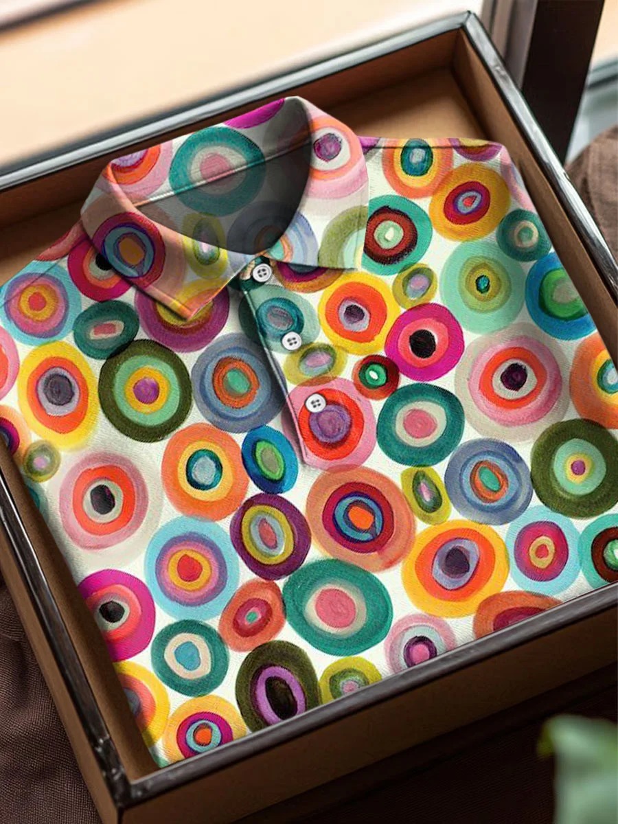 Vintage Abstract Geometric Color Blocks Art Print Casual Cotton Short Sleeve Polo