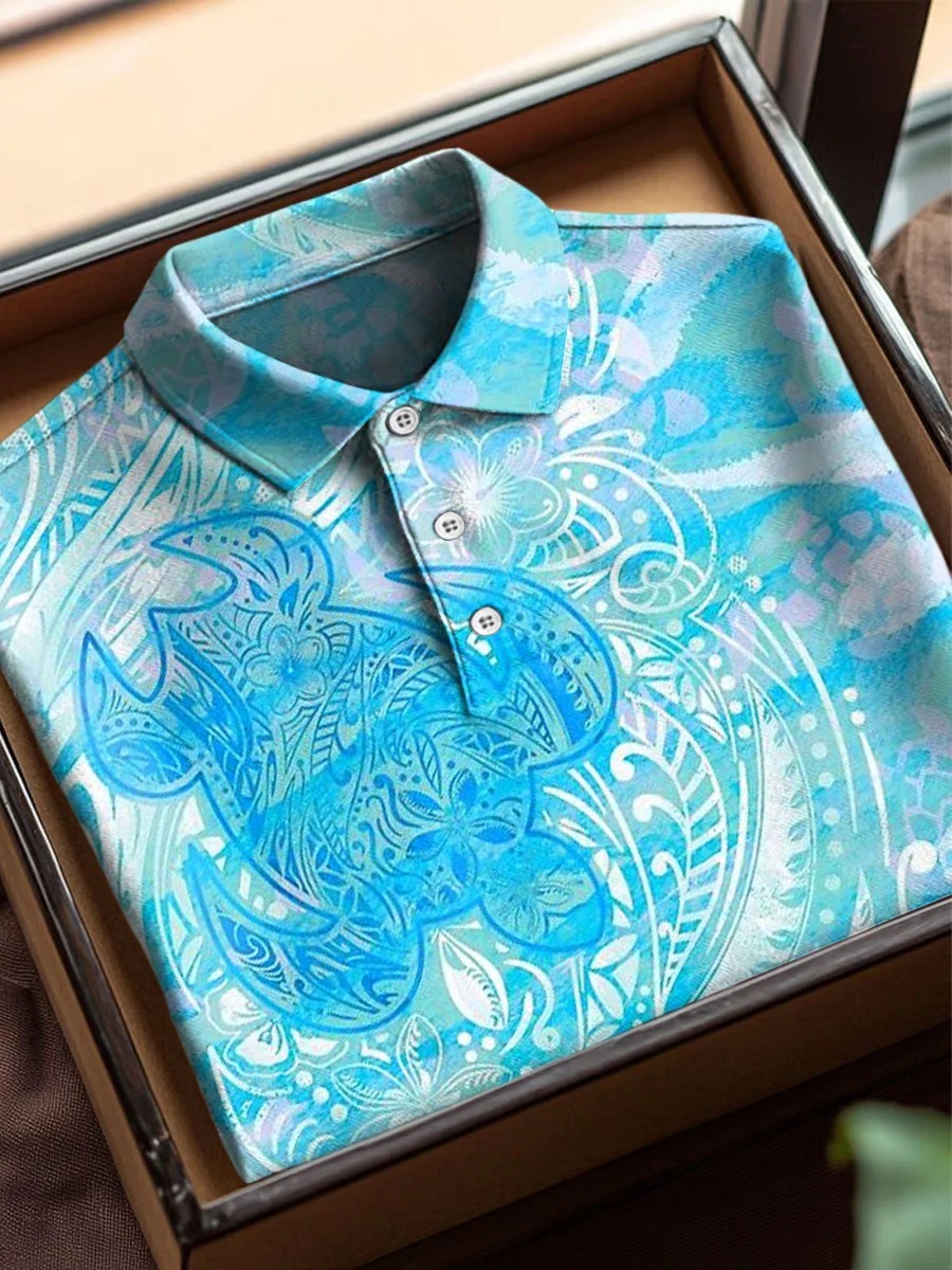Vintage Abstract Turtle Floral Art Print Casual Cotton Short Sleeve Polo
