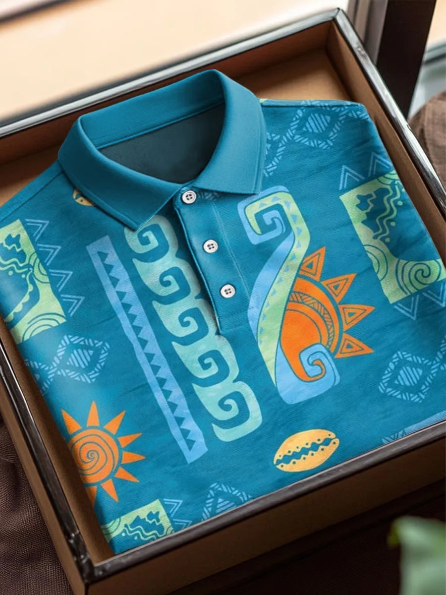 Vintage Abstract Traditional Geometric Totem Art Print Casual Cotton Short Sleeve Polo
