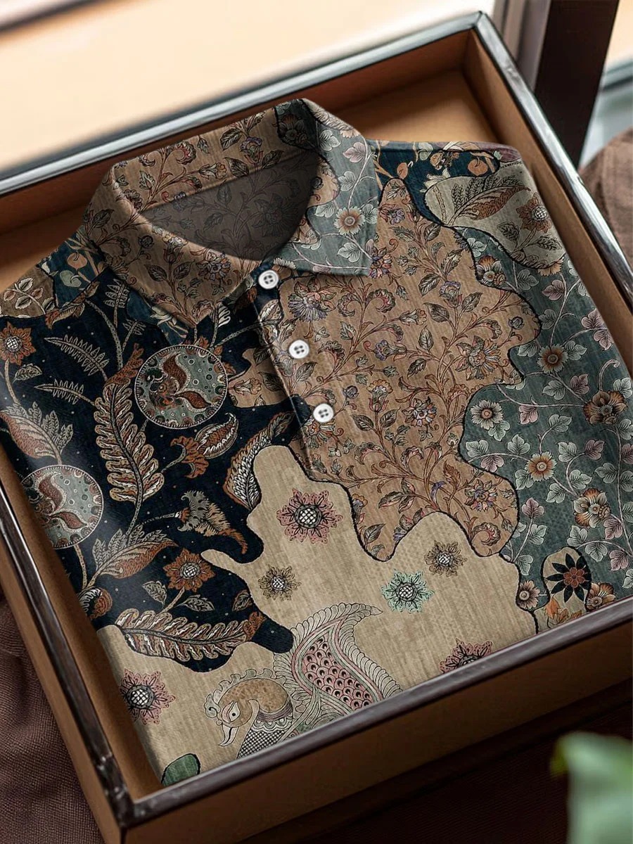 Vintage Flower Stitching Art Print Casual Cotton Short Sleeve Polo