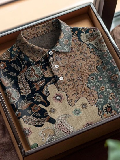 Vintage Flower Stitching Art Print Casual Cotton Short Sleeve Polo