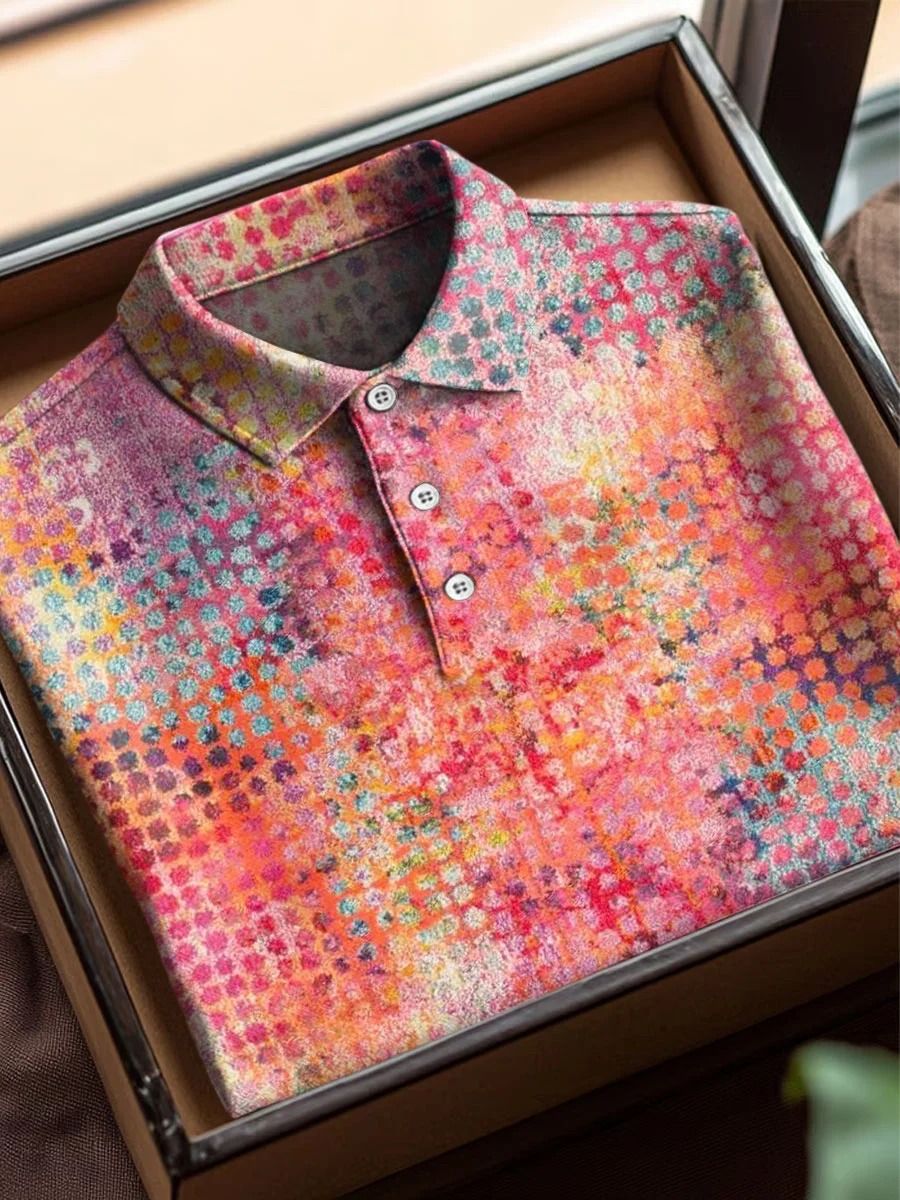 Vintage Abstract Geometric Color Blocks Art Print Casual Cotton Short Sleeve Polo